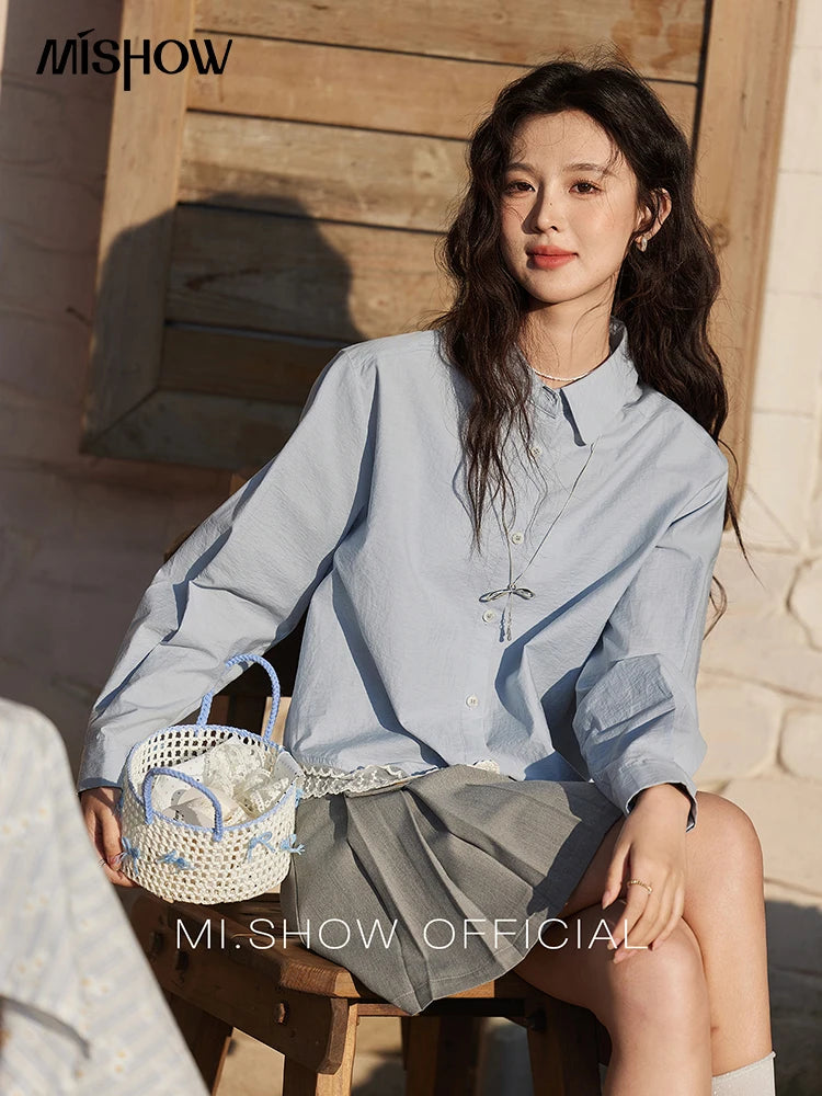 MISHOW Women's 100 Cotton Blue Shirt Spring 2025 Hem Lace Shirt Lapel Collar Commute Top Casual Solid Loose Shirts MXE12C0410