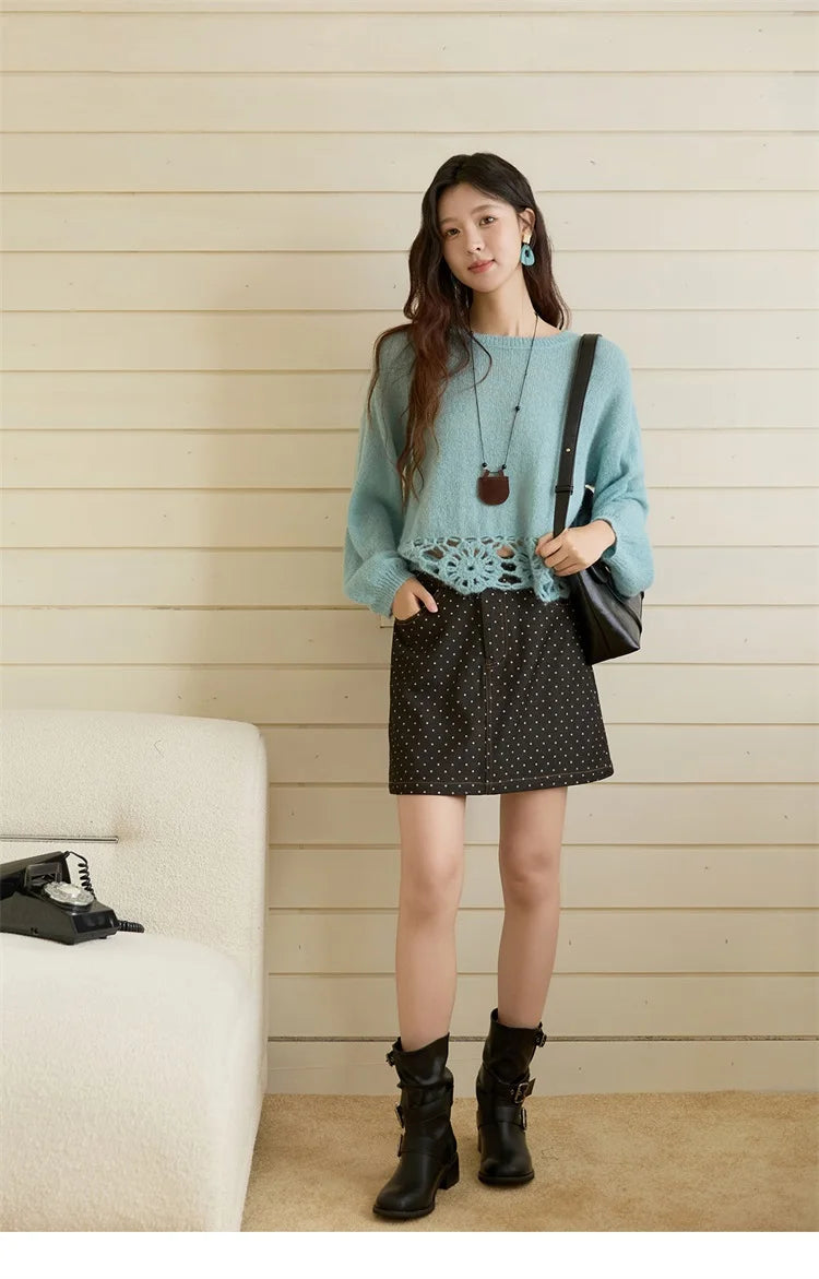 MISHOW Woman Sweaters 2025 Elegant French Hollow Out Floral Sweater Loose O-neck Long Sleeves Knit Top Autumn Clothes MXE44Z2491