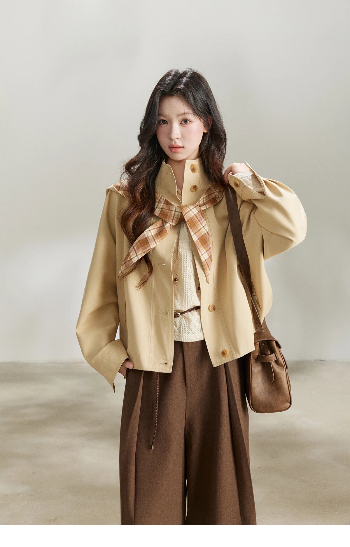 MISHOW Women's Khaki Cropped Trench Coat Spring Lapel Stand Collar Coats Removable Plaid Cap Casual Loose Jacket MXF108W1003