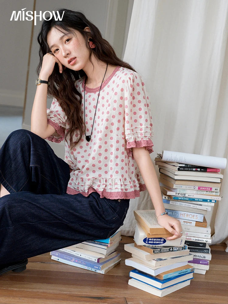 MISHOW Women's Blouse Fashion Pink Polka Dot Short Top 2025 Summer Sweet Puff Sleeve Blouse Casual Female Clothing MXE37X1900