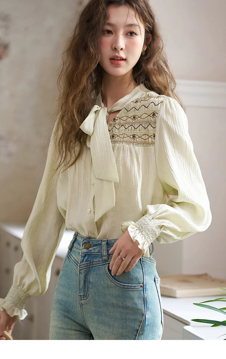 MISHOW Ribbon Collar Shirt for Women Autumn 2025 Sweet Cuffs Pleated Embroidered Petal Sleeve Loose Top Office Lady MXD14C0226