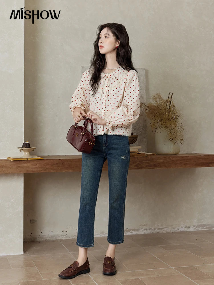 MISHOW Lace Up Polka Dot Round Neck Lace Shirt for Women Autumn 2024 Thin Sweets Shirt Elastic Petal Cuffs Chic Top MXD44X1667