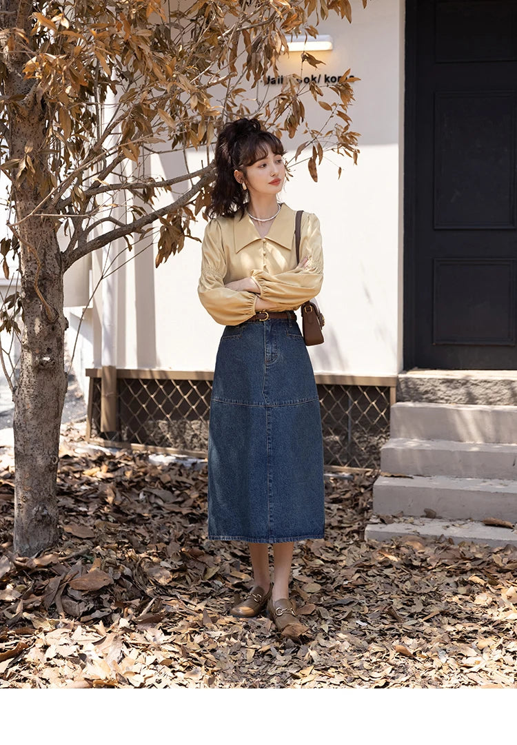 MISHOW Elegant Women's Blouse Autumn Vintage French Lantern Sleeves Turndown Collar Shirt Office Lady Female Clothing MXB32C0508