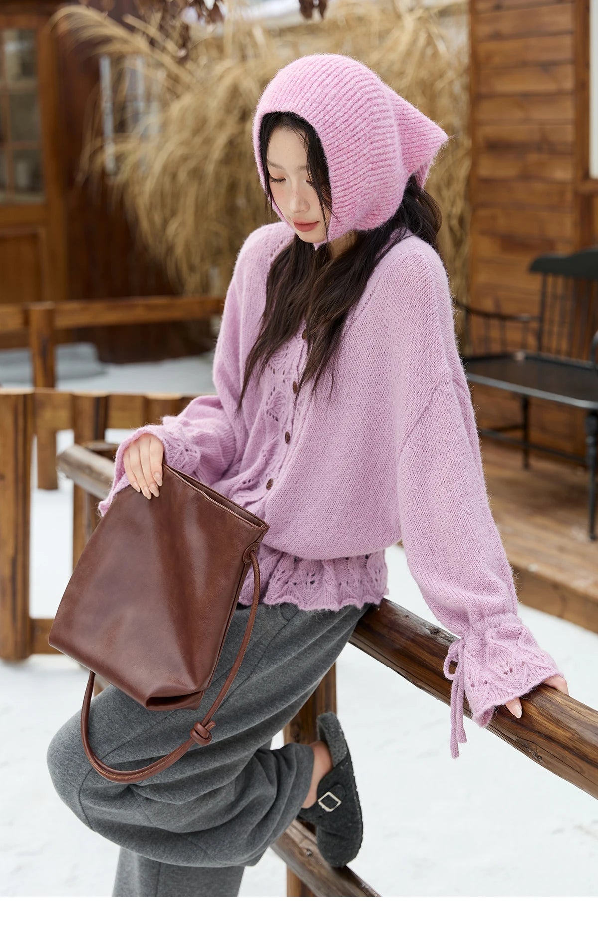 MISHOW Elegant Cardigan Women 2025 Autumn Design Hollow Knit Sweater V-neck Flared Sleeves Loose Casual Sweater MXE47Z2513