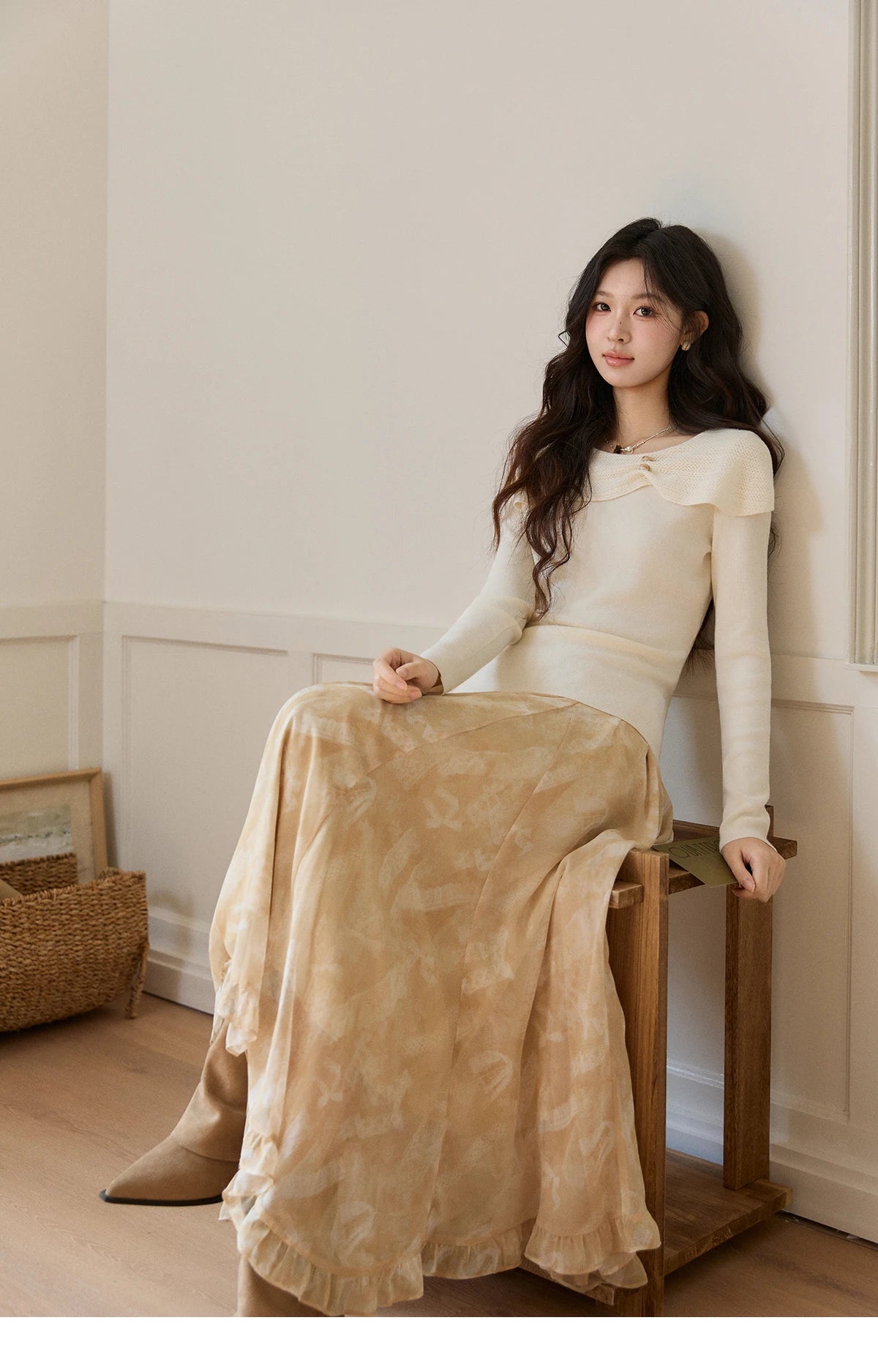 MISHOW Women's Beige Chiffon Maxi Skirt 2026 Spring Floral Print High Waist Ruffled Asymmetrical Casual Long Skirts MXF11B2463