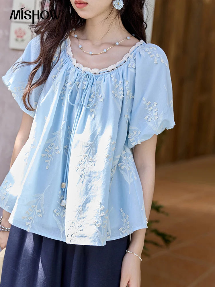 MISHOW Blue Pure Cotton Embroidered Blouses 2025 Summer Wave Edged O-neck Tops Contrasting Lace Up Loose Doll Blouses MXE35X1791
