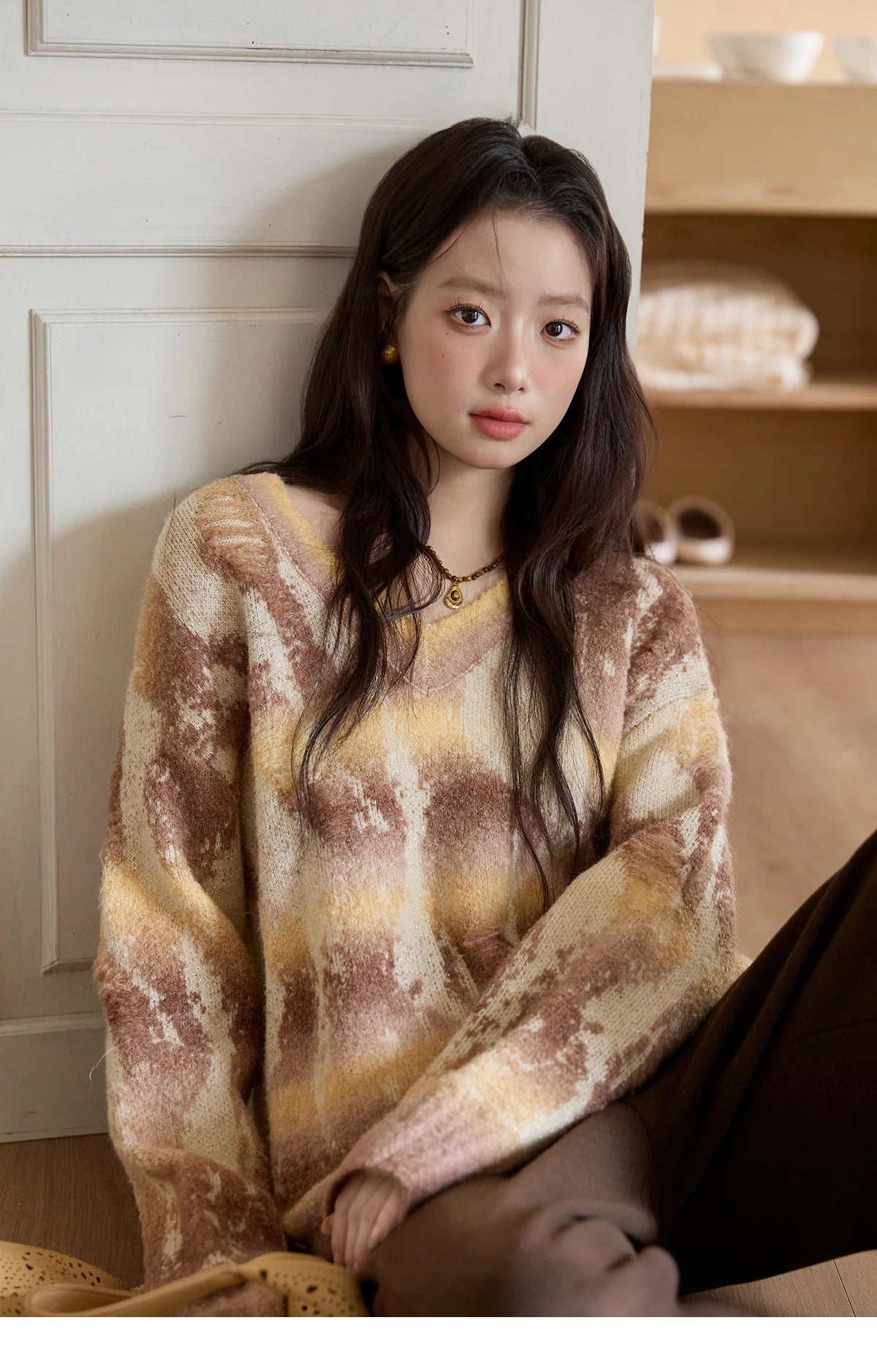MISHOW Yellow Coffee Gradient Sweater Women 2025 Autumn Winter New V-neck Cable Knit Top Retro Commute Loose Sweater MXE51Z2627