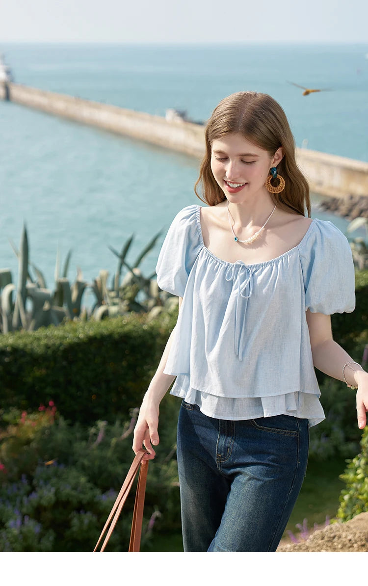 MISHOW French Square Neck Tied Lantern Sleeve Blouses 2025 Summer Double Layered Hem Puff Sleeve Solid Sweet Tops MXD26X1551