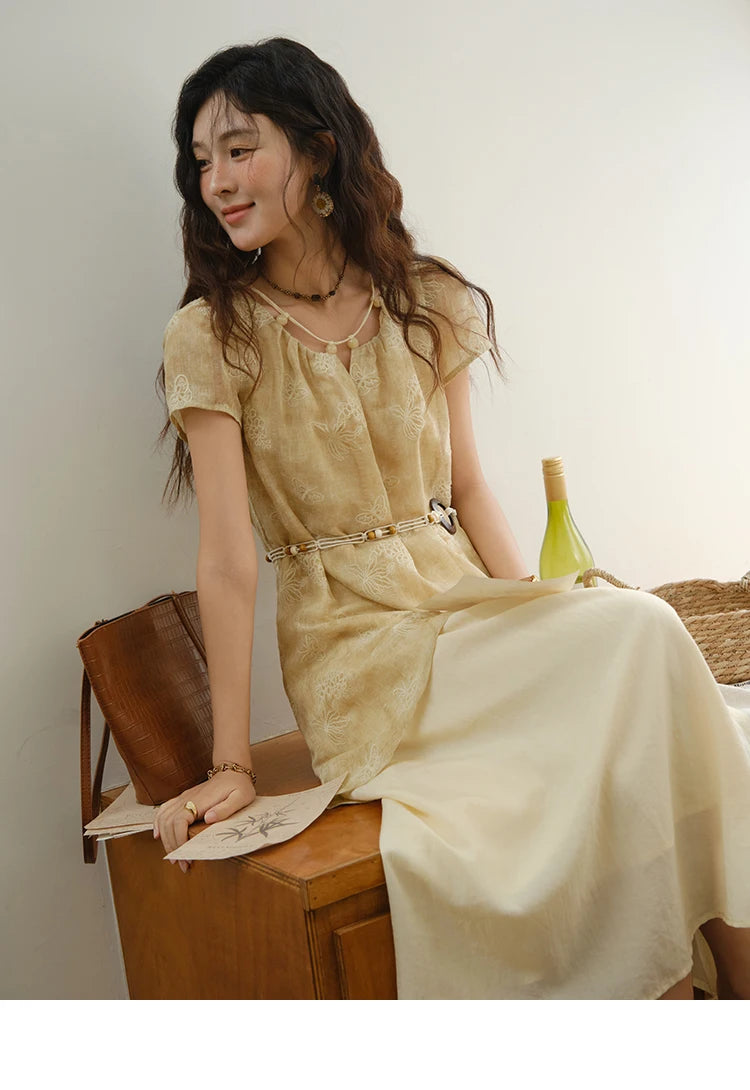 MISHOW Fashion Butterfly Embroidery Dress 2025 Summer Splicing Beaded Collar Comes with Retro Belt Dresses MXE36L2250