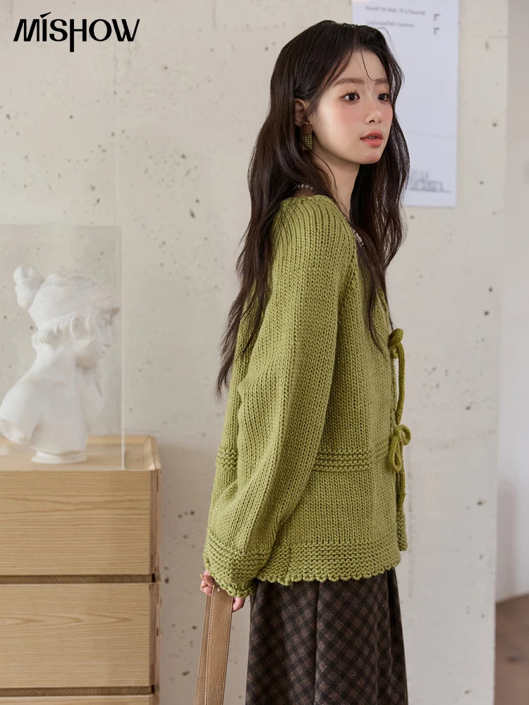 MISHOW Women's Avocado Green Knitted Cardigan 2025 Winter Lantern Sleeve Sweater Female V-neck Lace-up Loose Cardigan MXE51Z2694