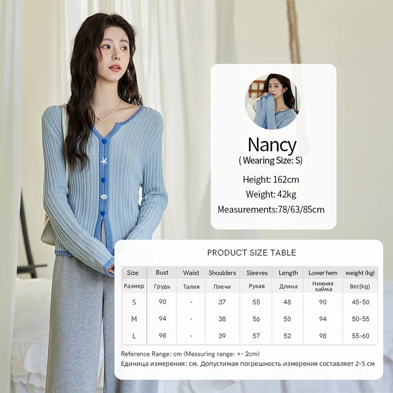 MISHOW Wool Blend Blue Contrasting Knitted Top 2025 Spring Slim Fit Base Sweater Women V Neck Shell Button Sweet Tops MXE14Z1184