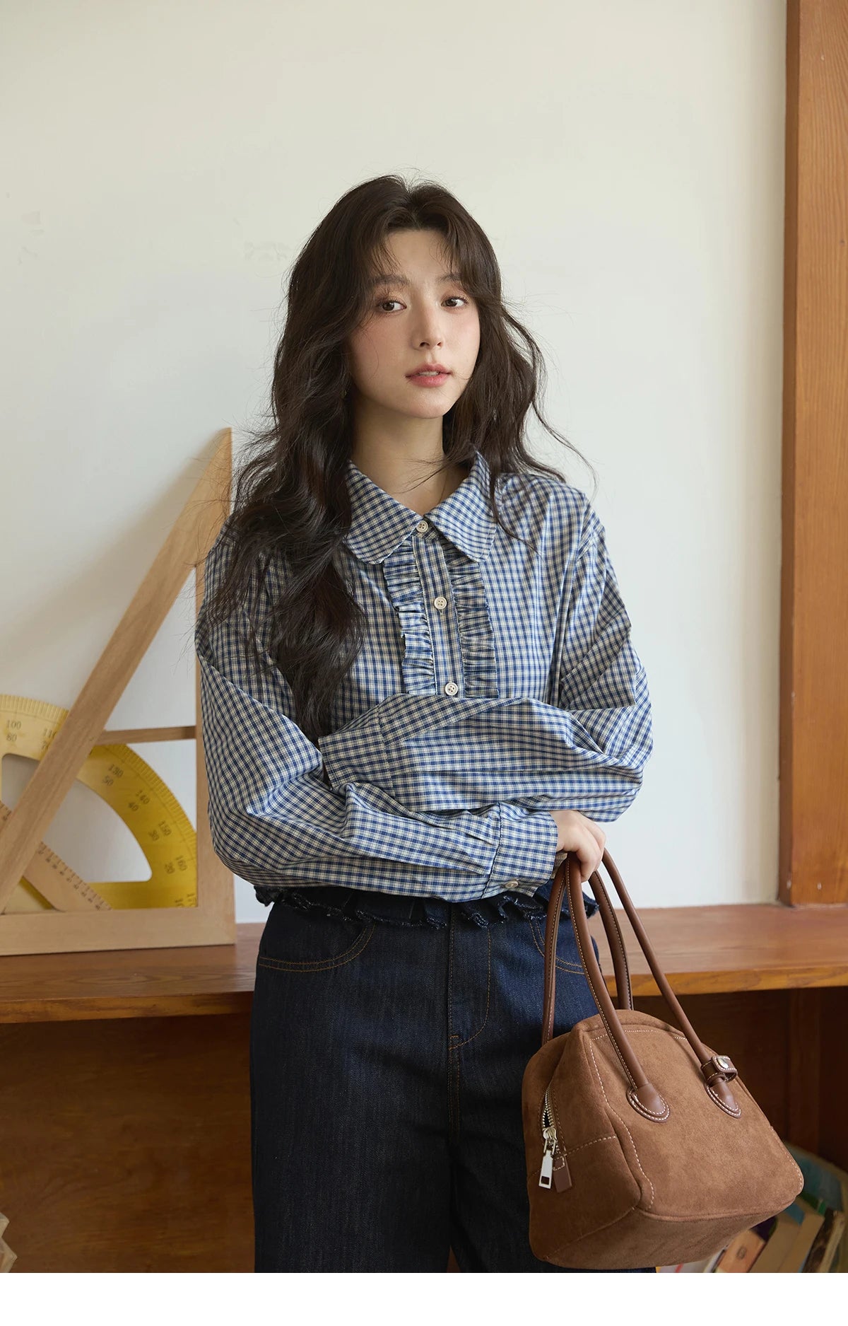 MISHOW Autumn Blue Plaid 100 Cotton Shirts 2025 Doll Collar Dropped Shoulder Sleeves Casual Top Retro Commuter Shirt MXE44C2391