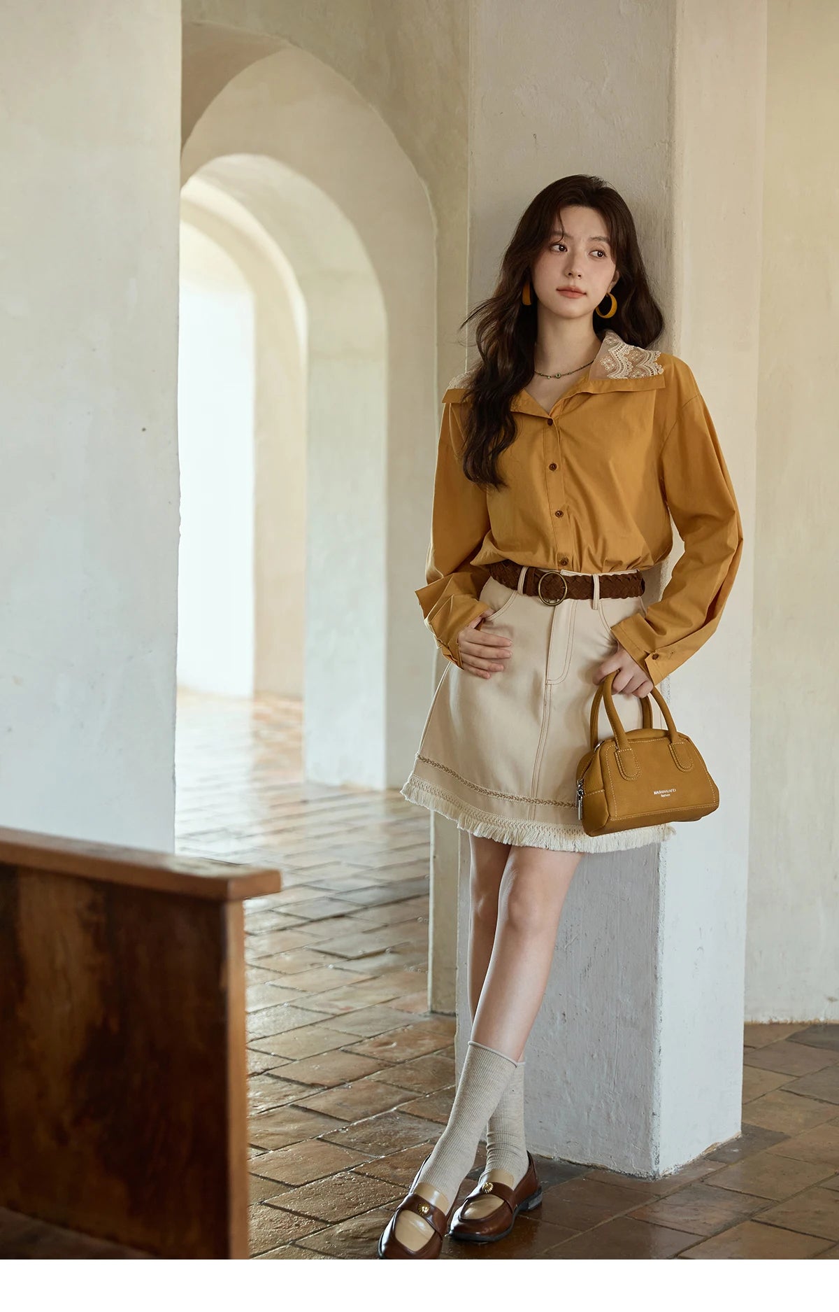 MISHOW Autumn Solid Cotton Shirt Autumn V-neck Double-layer Lace Retro Design Shirts Single Breasted Tops Office Lady MXE41C2366