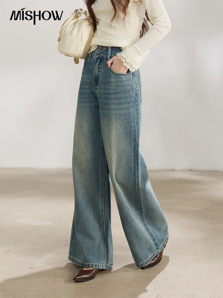 MISHOW Women's Vintage Blue Wide Leg Jeans Spring High Waist Cotton Pants Two-button Loose Casual Denim Trousers MXF108K1005