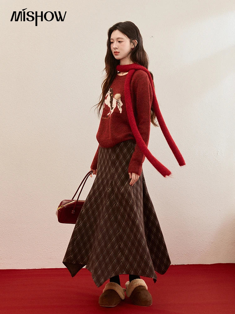 MISHOW Women's Christmas Red Jacquard Embroidered Pony Sweater 2025 Winter Thick Knitted Tops (Scarf Not Included) MXE94Z2861