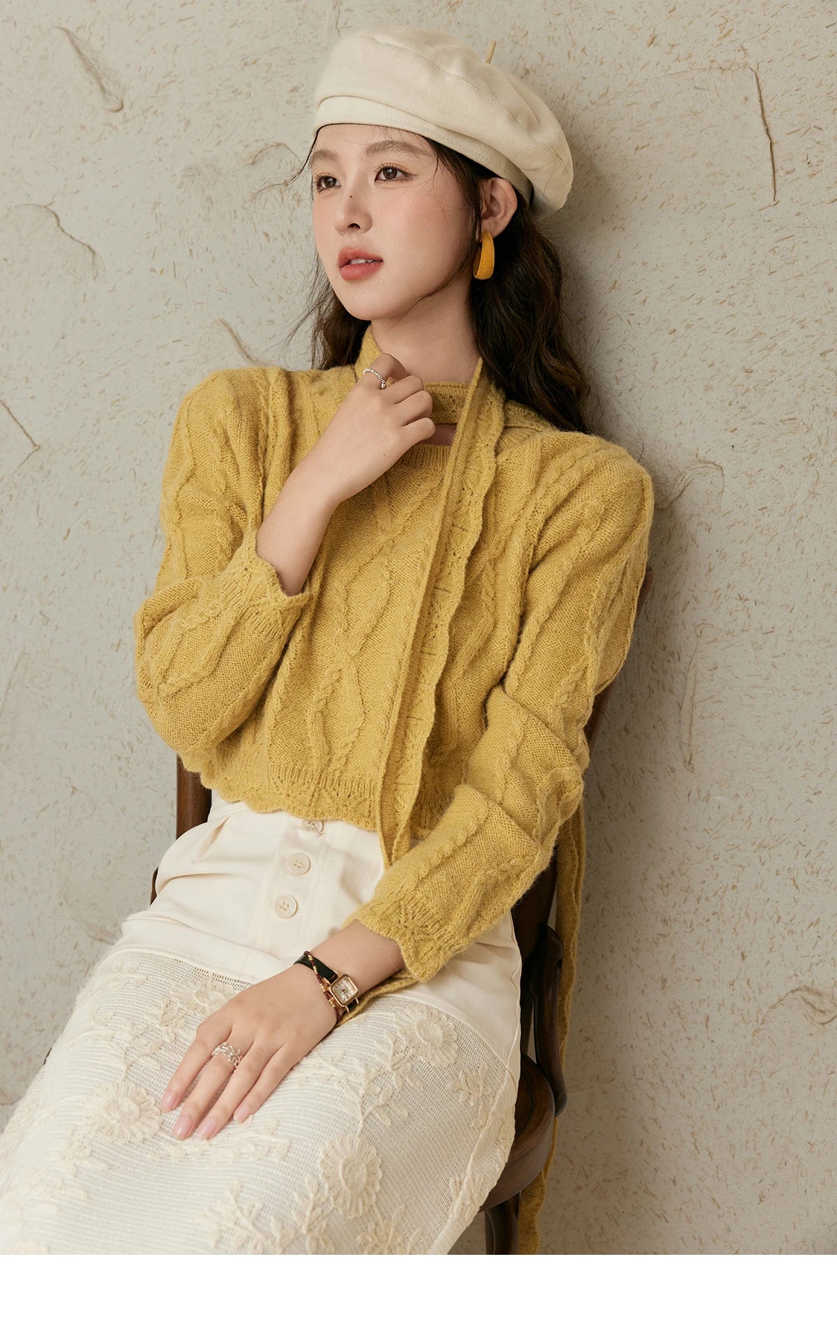 MISHOW Romantic Lace Wave Lace O-neck Knitted Sweater 2024 French Short Top Solid Hollow Elegant Sweater with Belt MPD42Z0736