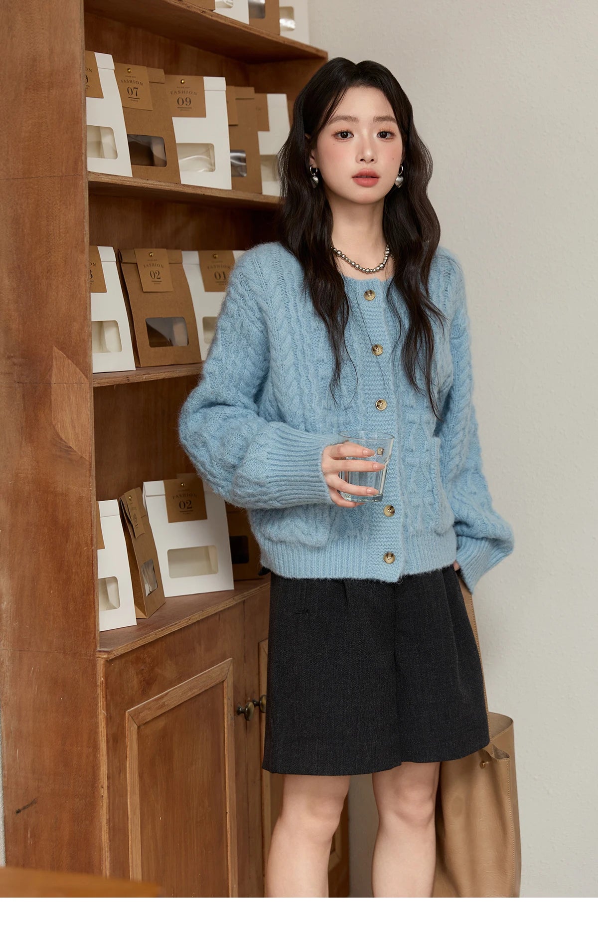 MISHOW Cardigan Women 2025 Autumn Winter Fashion Light Blue Retro Crew Neck Knitted Sweater Casual Loose Pocket Top MXE49Z2614
