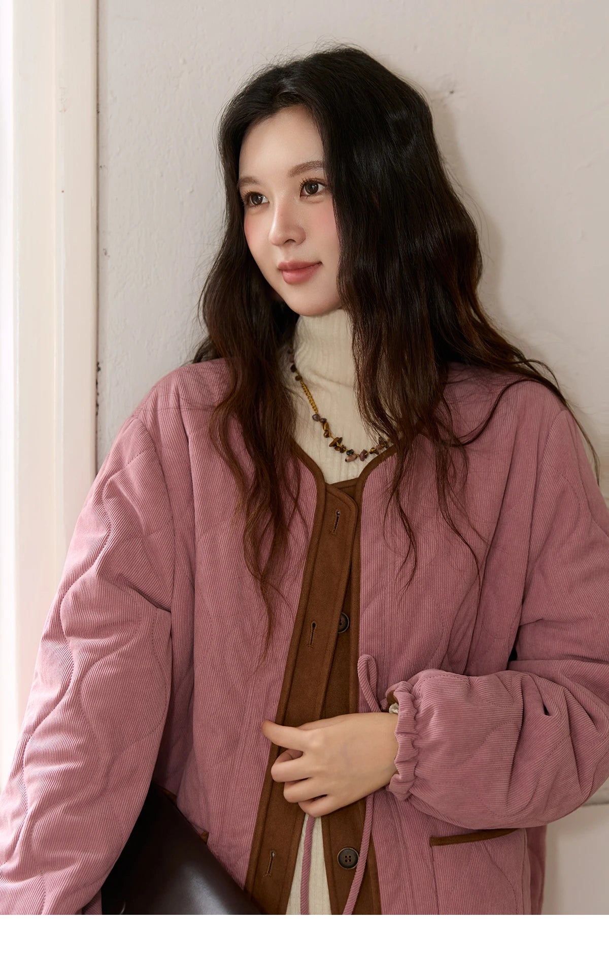 MISHOW Pink Purple Corduroy Jacket Women 2025 Winter Retro Gourd Pattern Pleated Cotton Splicing Suede Jacket Top MXE88W0882