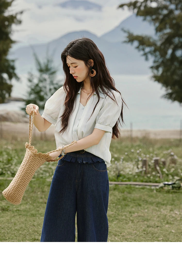 MISHOW French Summer Blouses Women New 2025 Solid Short Sleeve Turn-down Collar Slimming Shirts Female Straight Thin MXE33C0782