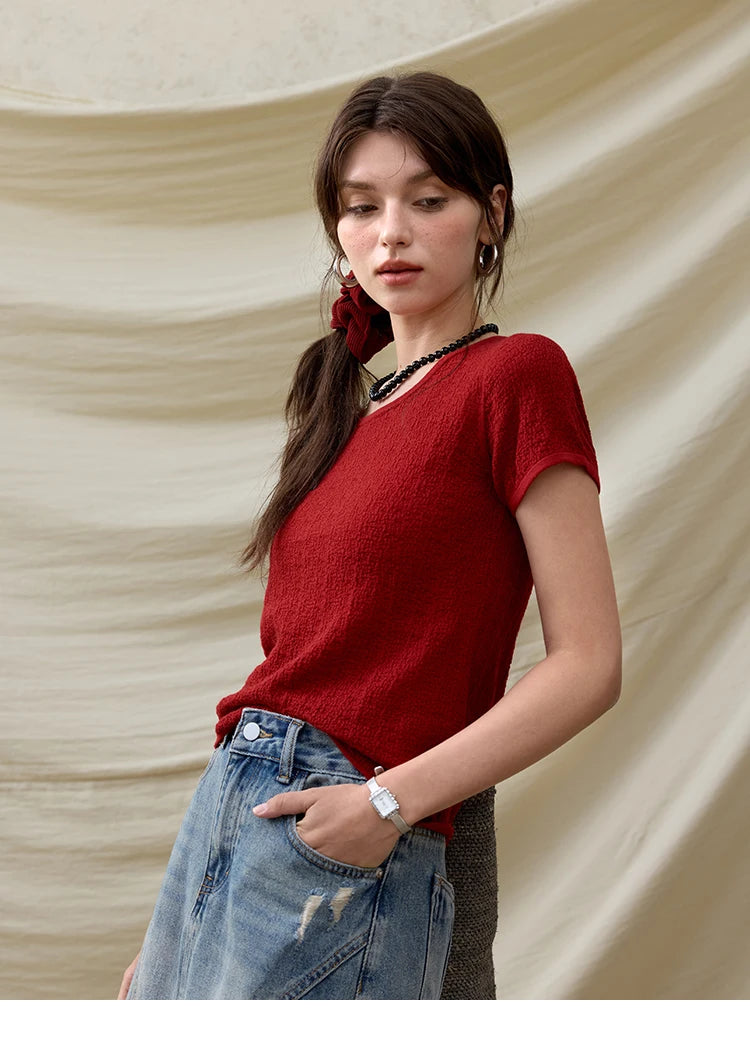 MISHOW Office Lady Women’s T-shirts Summer 2025 Short Sleeve Round Neck Solid Slimming Knitted Shirt Female Fashion MXE34Z1257