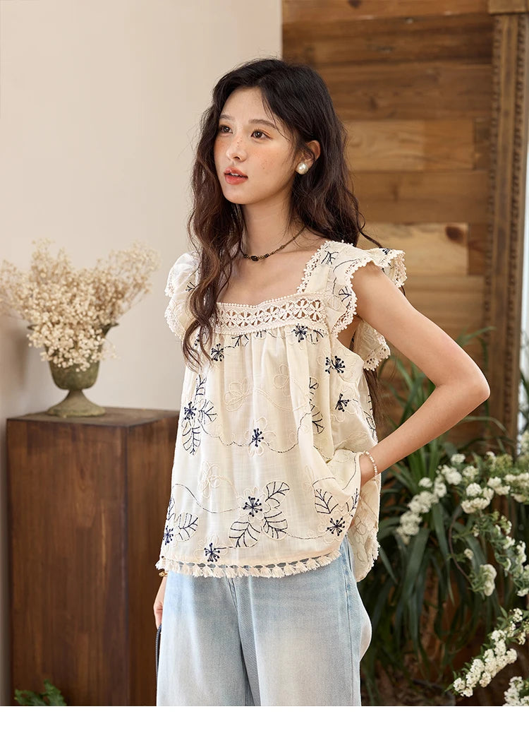 MISHOW Square Collar Embroidered Doll Blouses for Women Summer 2025 Flying Sleeve Patchwork Lace Tassels Retro Tops MXE35X1839