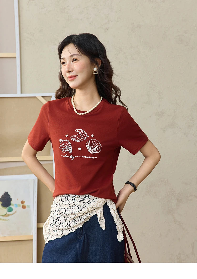 MISHOW Women's Shell Embroidered T-shirt 2025 Summer Short Sleeve Cotton Blend Tops Loose Slim Round Neck Casual Tees MXE34T0570