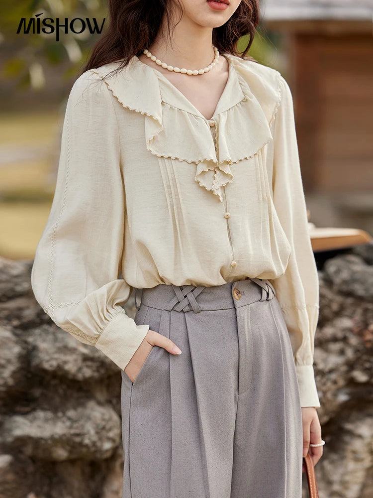 MISHOW Lotus Leaf Collar Shirt Bubble Sleeves Pink Shirt for Women Spring 2025 Sweet Chiffon Top Temperament Shirts MXE12X1702