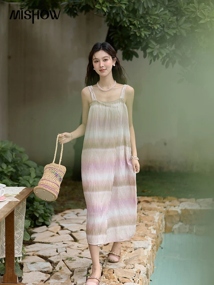 MISHOW Pink Striped Suspender Dress for Women 2025 Summer Sleeveless Irregular Front Dress Wave Mid Length Dresses MXD29L1930