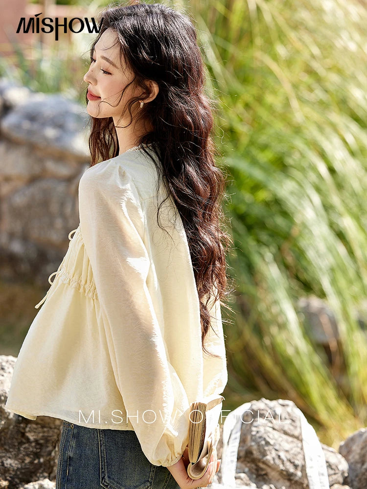 MISHOW Women's Jacquard Lace V-neck Blouses 2025 Spring Ruffled Wavy Design Blouse Slim Elegant Commuting Sweet Top MXE12C0397