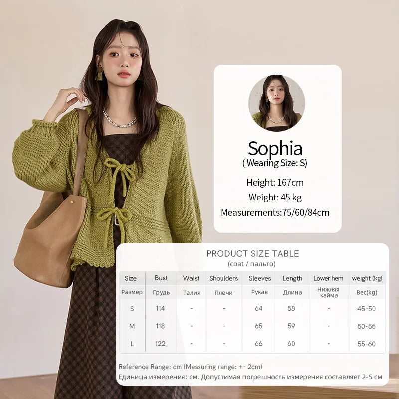 MISHOW Women's Avocado Green Knitted Cardigan 2025 Winter Lantern Sleeve Sweater Female V-neck Lace-up Loose Cardigan MXE51Z2694