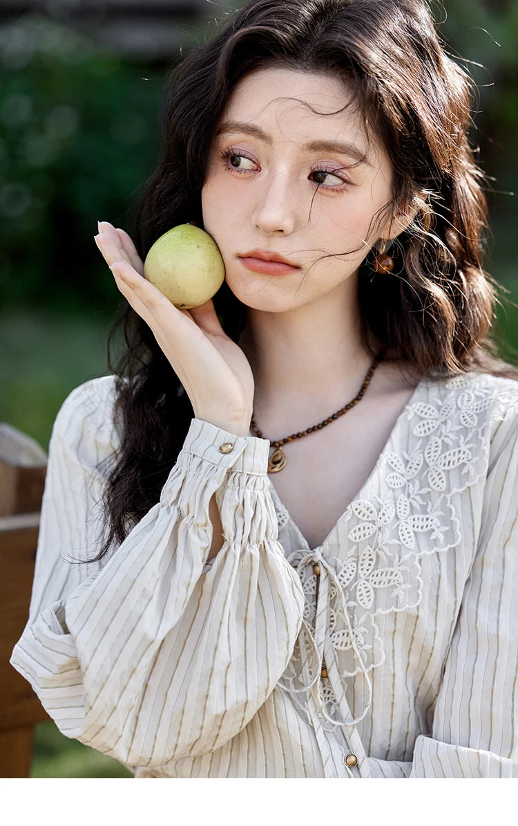 MISHOW French Retro V-neck Lace-up Striped Shirt for Women Spring 2025 Embroidered Lace Long Sleeve Top Casual Shirts MXE12X1715