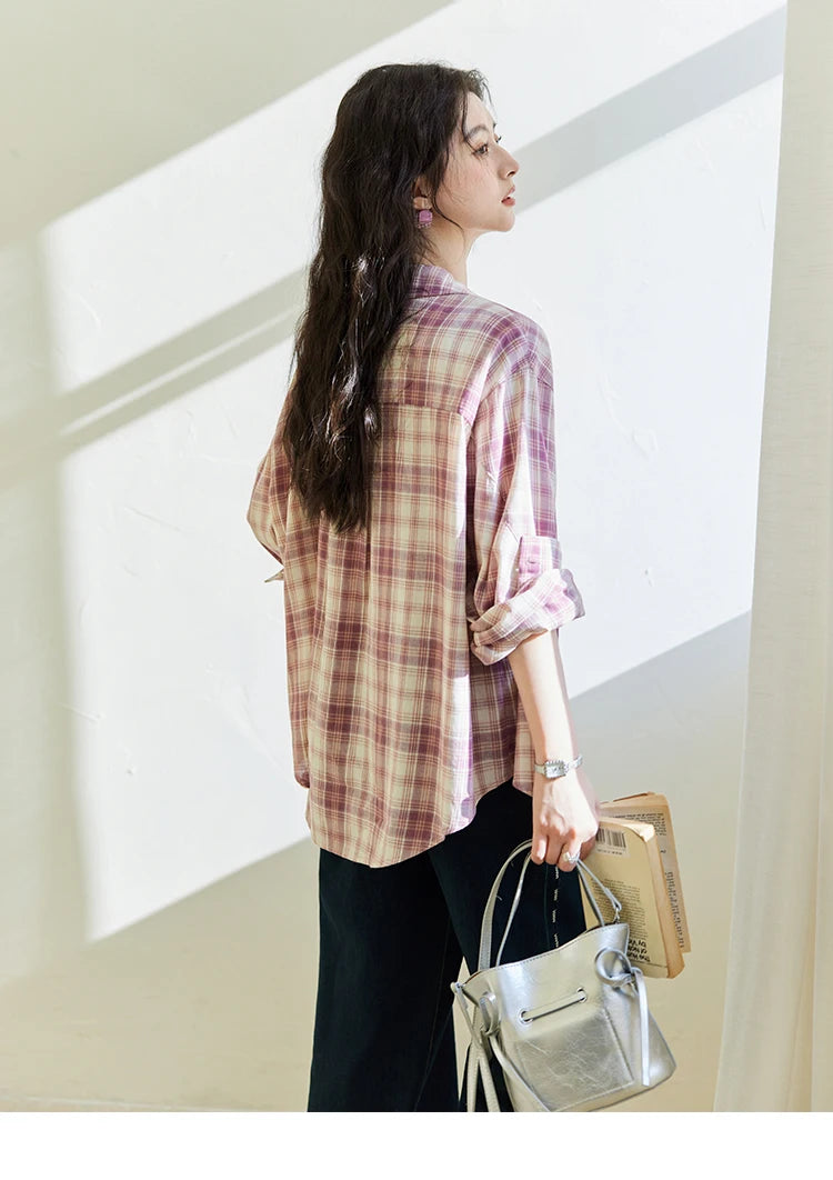 MISHOW Women's 100 Cotton Long-sleeve Purple Plaid Shirt Spring 2025 Loose Pockets Casual Shirts Korean Polo Neck Top MXE14C0417