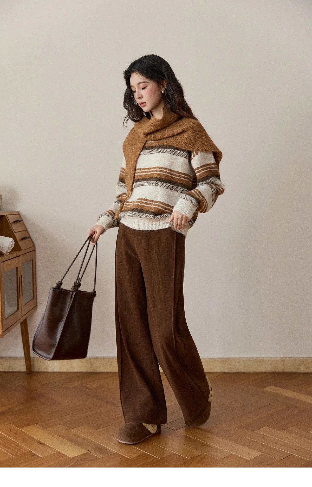 MISHOW Women's Wool Blend Retro Striped Sweater with Scarf Set 2025 Winter Knitted Round Neck Warm Loose Sweaters MXE94Z2987