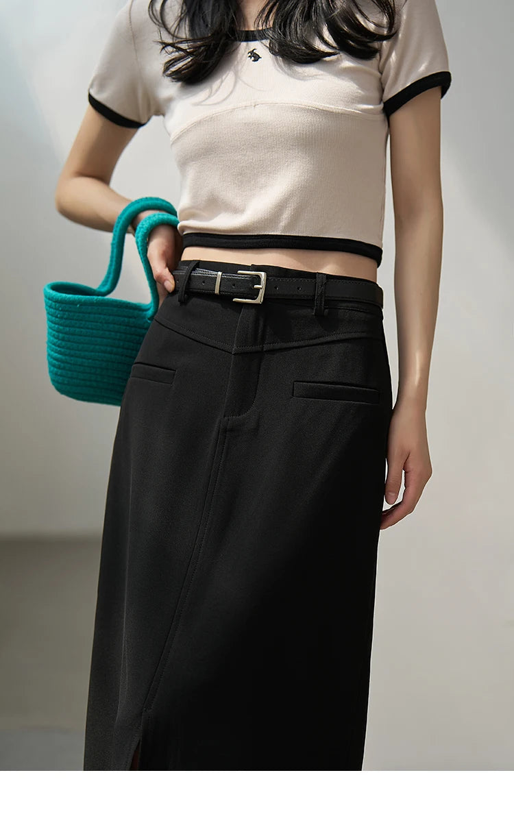 MISHOW Women's Suit Straight Midi Skirt 2025 Summer High Waist Slim Solid Front Fork Female Rear Elastic Waist Skirts MXC15B0026