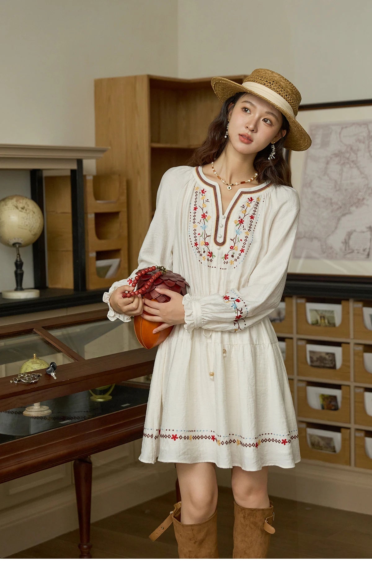 MISHOW Woman Long Sleeve Dress Autumn Elegant V-neck Embroidered Drawstring Waist Dress A-line Bohemian Midi Dresses MXE44L2489
