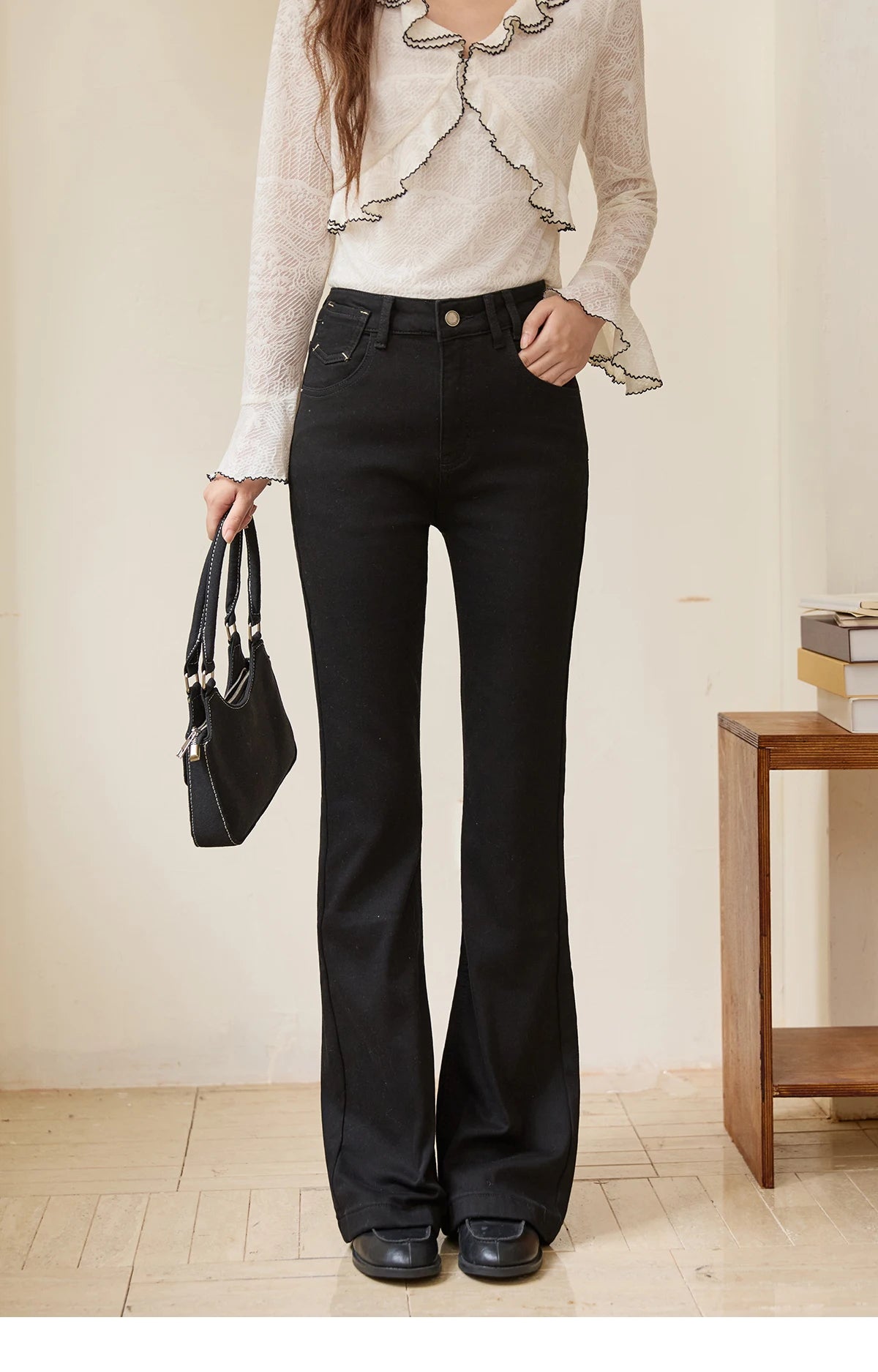 MISHOW Black Jeans for Women 2025 Winter New Vintage High Waist Elastic Flared Pants Commute Casual Slim Trousers MXE51K1098