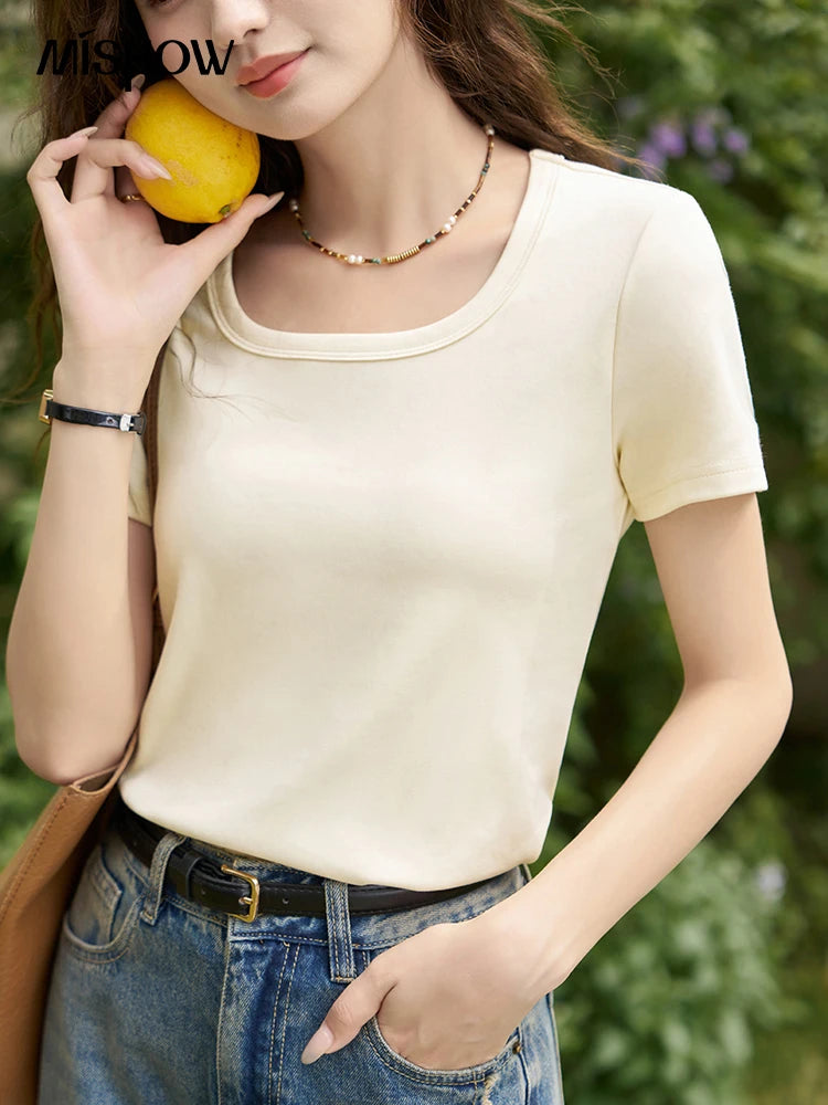 MISHOW Multi Color Square Neck Tees Short Sleeve Solid Color T-shirt for Women 2024 Spring/summer Basic Versatile Top MXC12T0641
