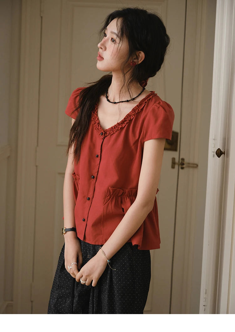 MISHOW Women's Summer Clothes 2025 Fashion Mushroom Edge V-neck Blouse Office Lady Casual Short Sleeve Button Top MXE38X1867