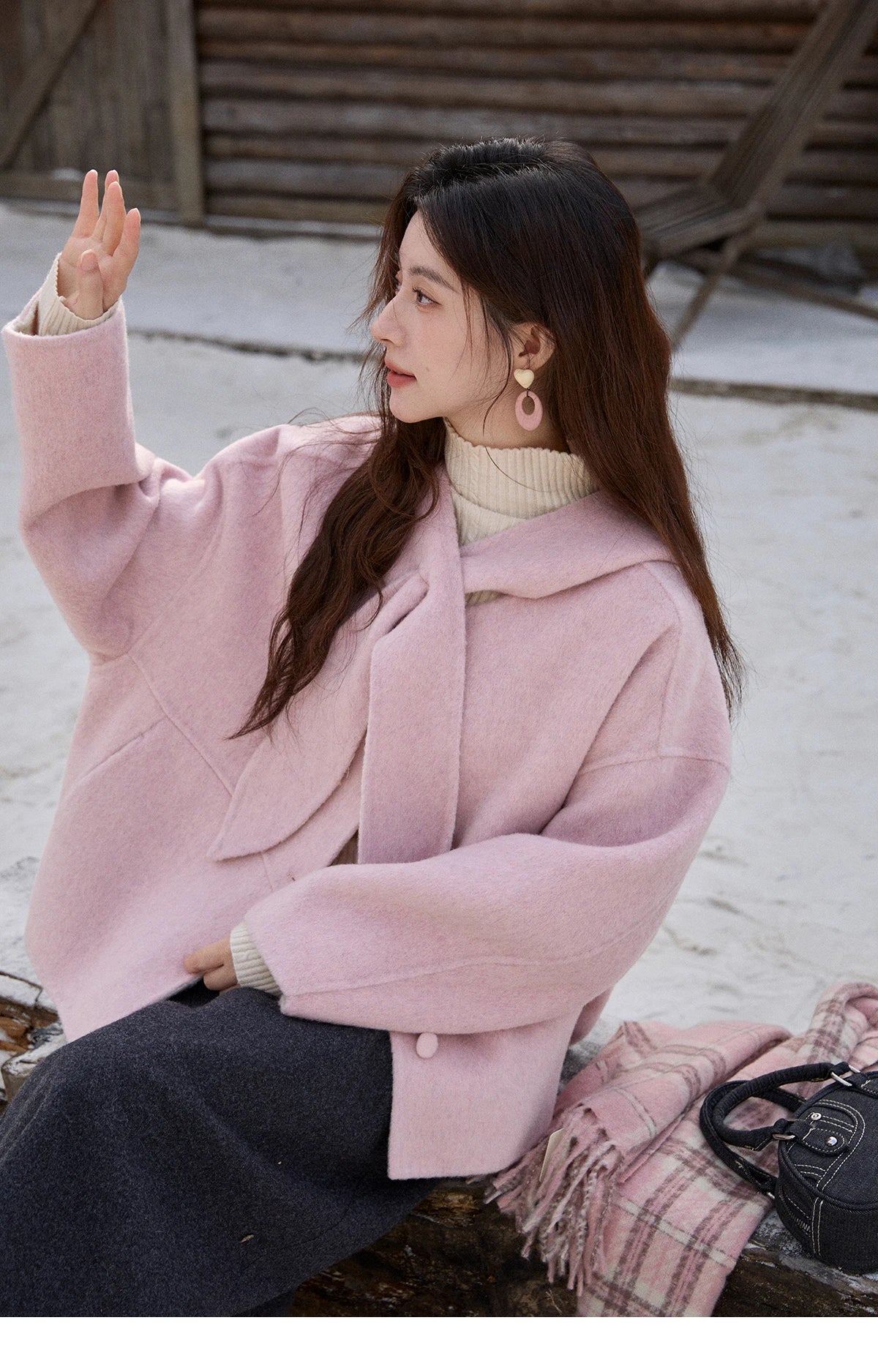 MISHOW Pink Wool Double-sided Woolen Coat Winter Hooded Bow Tie Strap Coats Loose Dropped Sleeves Coat Office Lady MXE91W1010