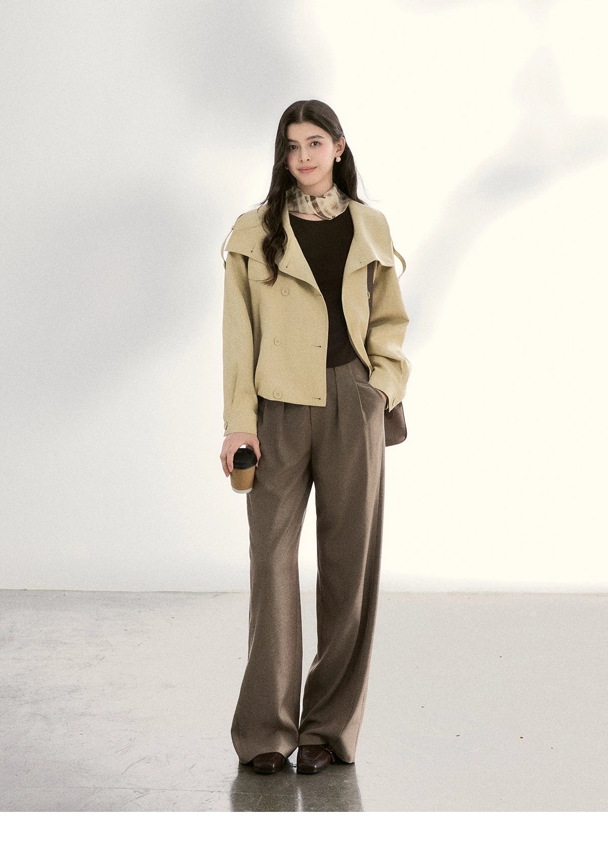 MISHOW Women's Khaki Cropped Short Leather Jacket 2026 Spring Lapel Stand Collar Double Breasted Casual Loose Coat MXF108W1000