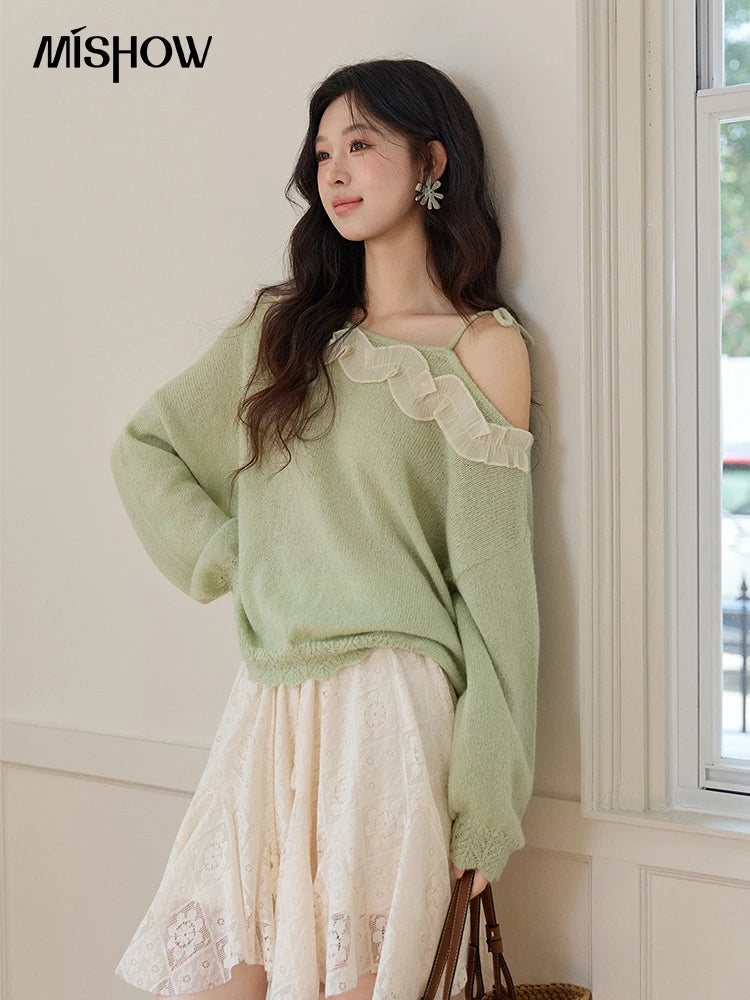 MISHOW Women's Light Green Knit Sweater 2026 Spring Asymmetrical Side Exposed Shoulder Tops Ruffled Casual Loose Top MXF108Z1027