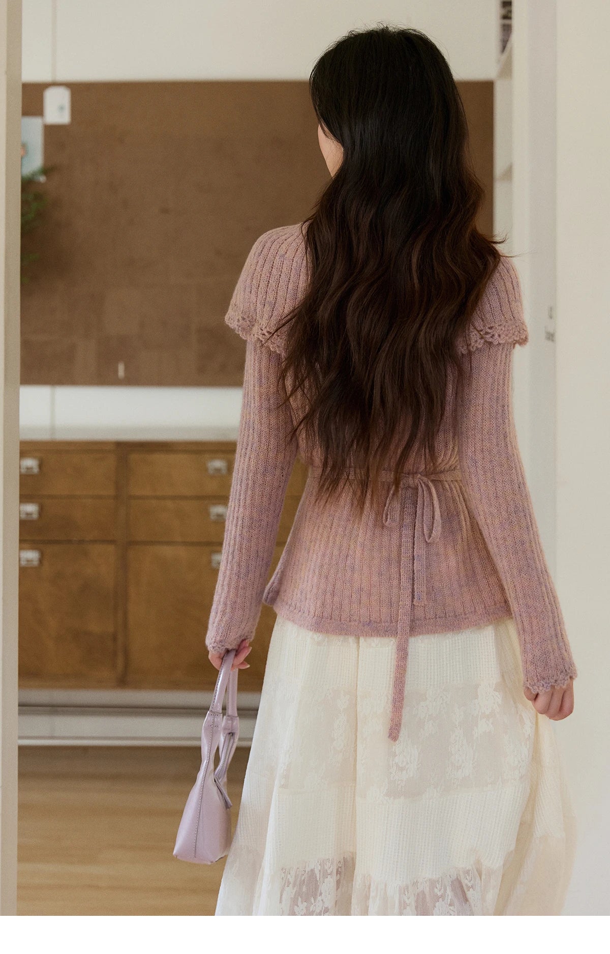 MISHOW Women's Pink Ribbed Knitted Sweater 2026 Spring Large Collar Lace Trim Belted Waist Long Sleeve Pullover Tops MXF11Z2901