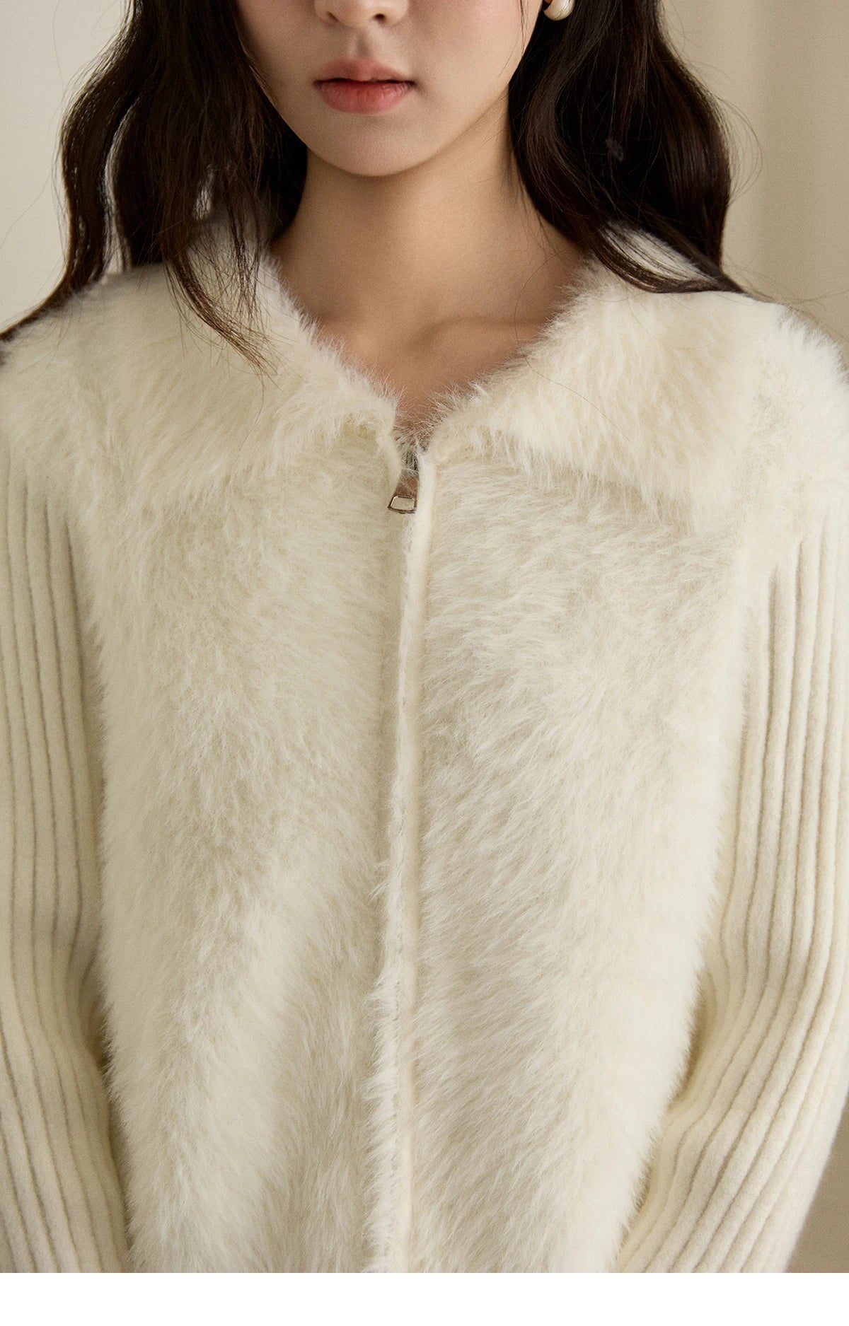 MISHOW Women's White Faux Fur Knit Cardigan 2025 Autumn Winter Fake Two-Piece Zipper Lapel Collar Warm Soft Outerwear MXE94Z2992