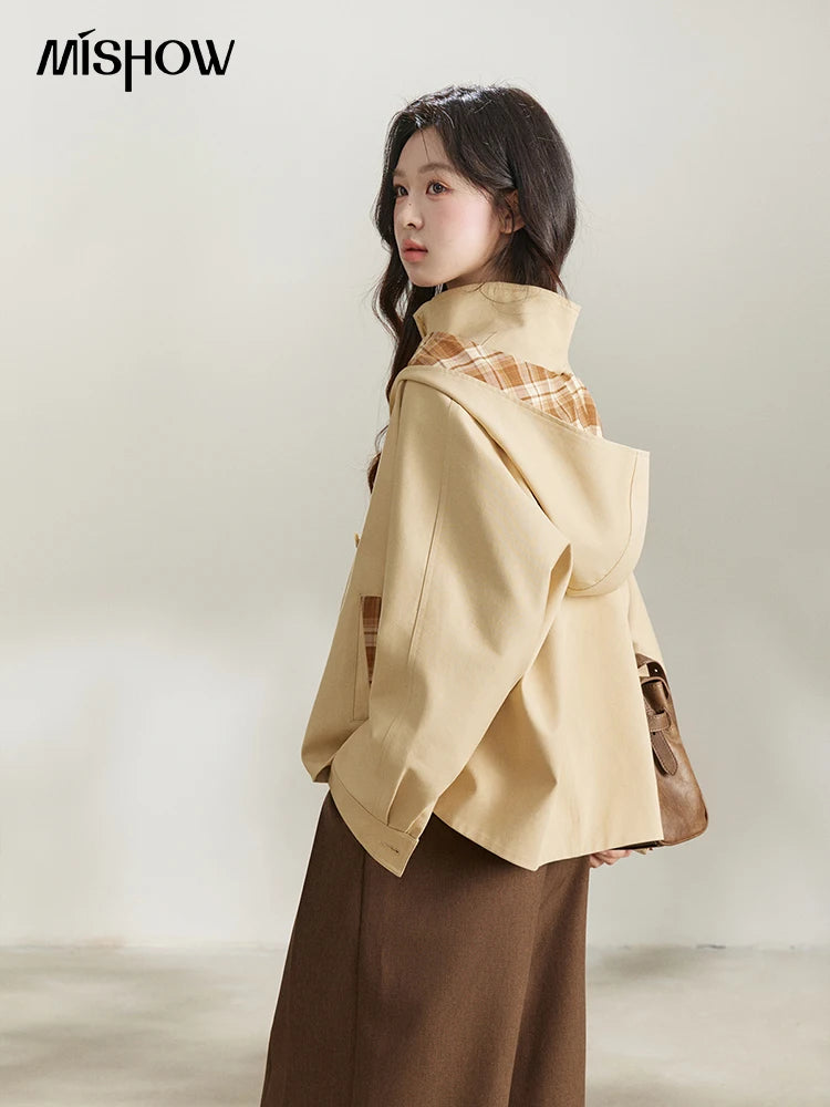 MISHOW Women's Khaki Cropped Trench Coat Spring Lapel Stand Collar Coats Removable Plaid Cap Casual Loose Jacket MXF108W1003