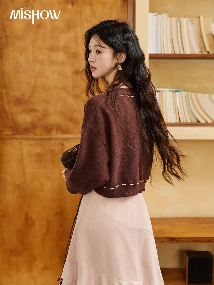 MISHOW Knitted cardigan camisole Dress Two-piece Set Autumn Frosted Velvet Retro Top Contrasting Design Dress Sets MXE47T1382