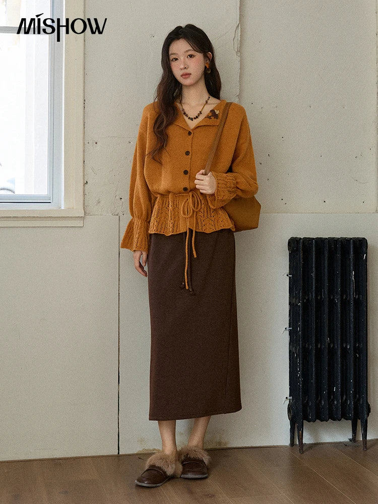 MISHOW Orange Cardigan Women 2025 Winter Retro Openwork Crochet Pattern Knit Top Loose Warm Flared Sleeves Sweater MXE87Z2685