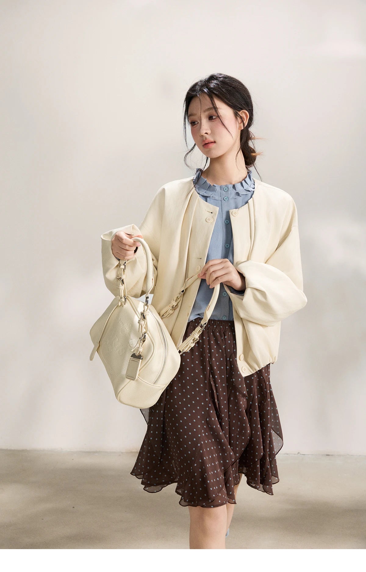 MISHOW Imitation Protein Skin Short Flower Bud Leather Jacket 2026 Spring Ruffled Collar Casual Loose Button-Up Coat MXF108W1019