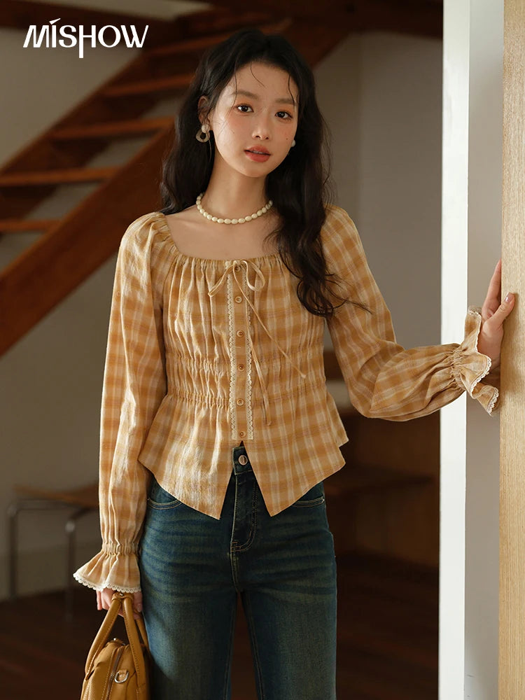 MISHOW Yellow Plaid Blouse for Women 2025 Autumn Korean Waist Square Neck Top Cuff Patchwork Lace Puff Sleeve Blouses MXE43X1986