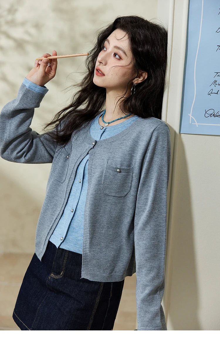 MISHOW Wool Knitted Cardigan Fake Two-piece Contrasting 2025 Spring Women Slim Fit Top O Neck Patch Pocket Sweaters MXE12Z1144