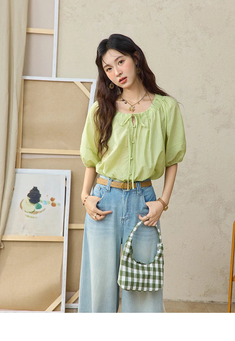 MISHOW Women's Round Neck Blouse 2025 Summer New Fashion Lace Up Puff Sleeve Casual Chiffon Top Ladies Clothing MXE36X1875